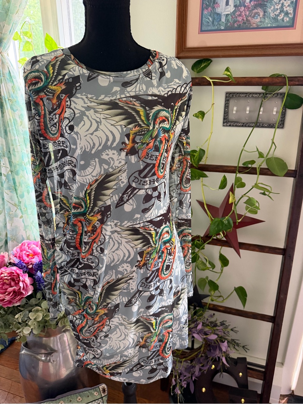Ed Hardy Gray Long-Sleeve Graphic Dress with Multicolor Tattoo Print
